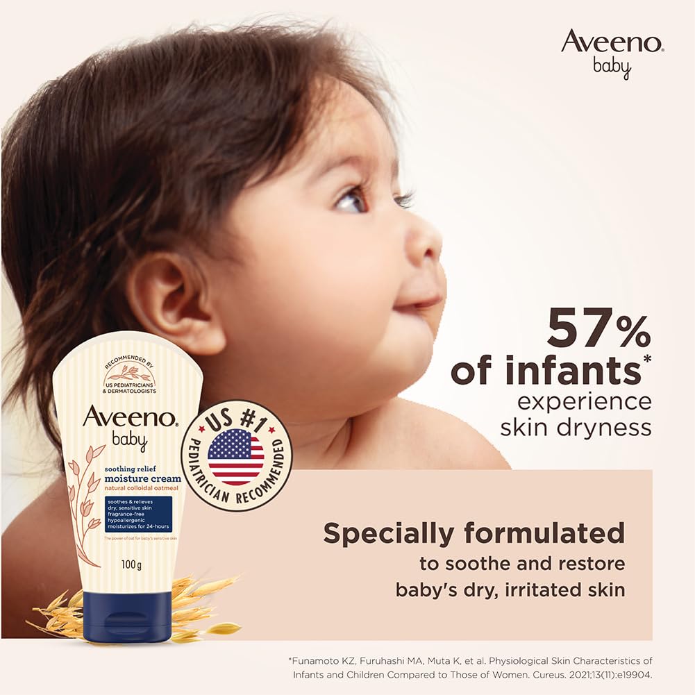 Aveeno Baby Soothing Relief Moisture Cream 100g 24-Hour Protection for Dry, Itchy, Sensitive Skin | Clinically Proven | Active natural oats | US pediatrician recommended | Hypoallergenic, fragrance-free & paraben-free Aveeno Baby