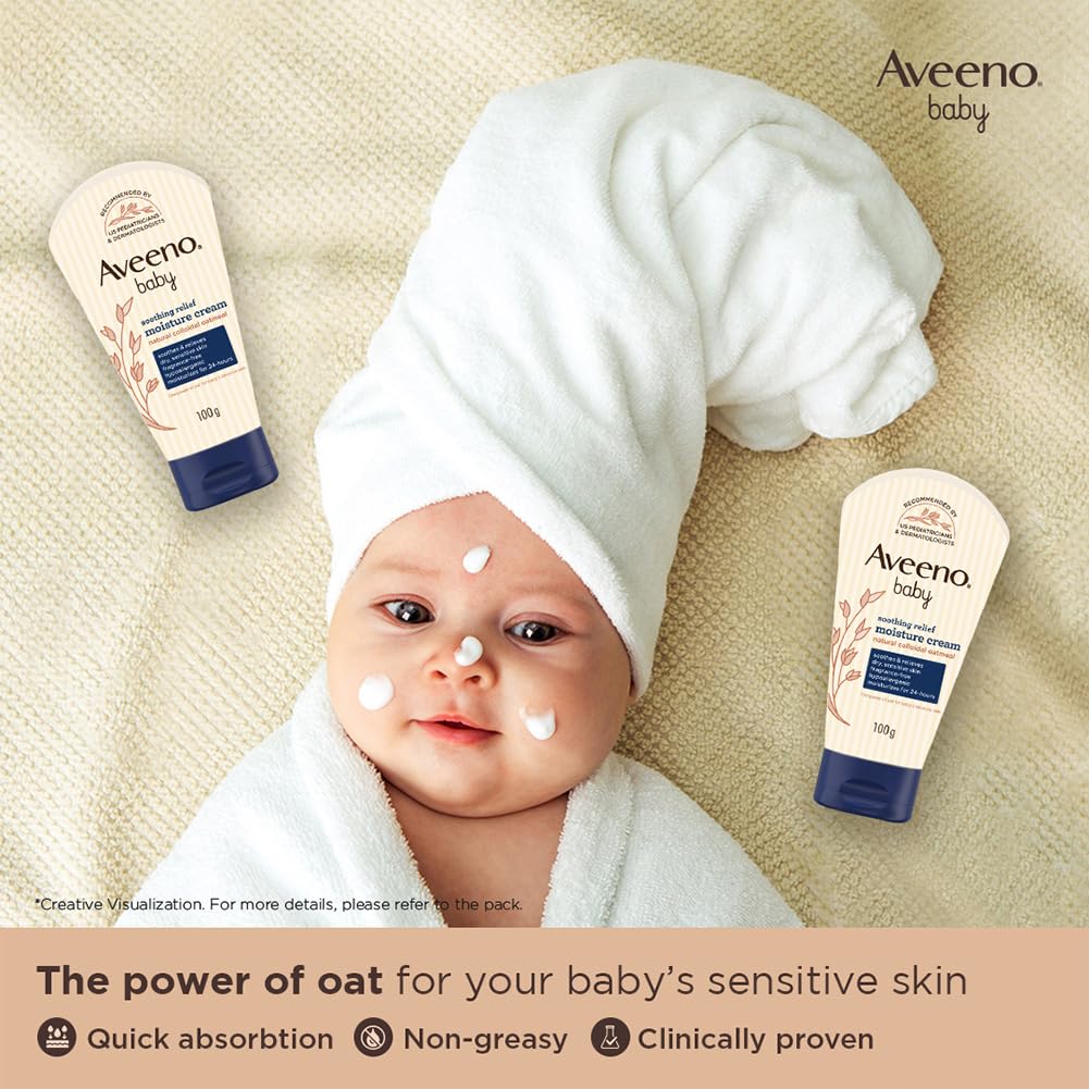 Aveeno Baby Soothing Relief Moisture Cream 100g 24-Hour Protection for Dry, Itchy, Sensitive Skin | Clinically Proven | Active natural oats | US pediatrician recommended | Hypoallergenic, fragrance-free & paraben-free Aveeno Baby