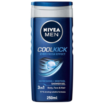 NIVEA Men Body Wash, Cool Kick with Refreshing Icy Menthol, Shower Gel for Body, Face & Hair, 250 ml NIVEA